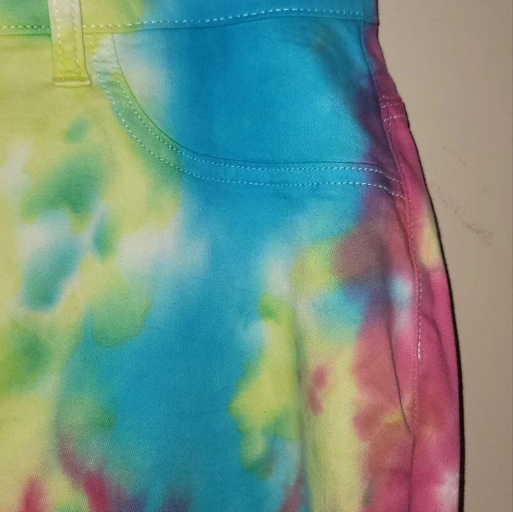 NWT Fashion Nova Pink Yellow Blue Tie Dye Denim High Rise Pants Jeans - Picture 12 of 16